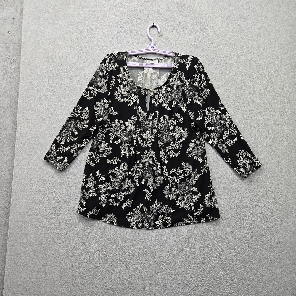 Charter Club Women Blouse L Black Floral Plated Keyhole 3/4 Sleeve Pullover READ